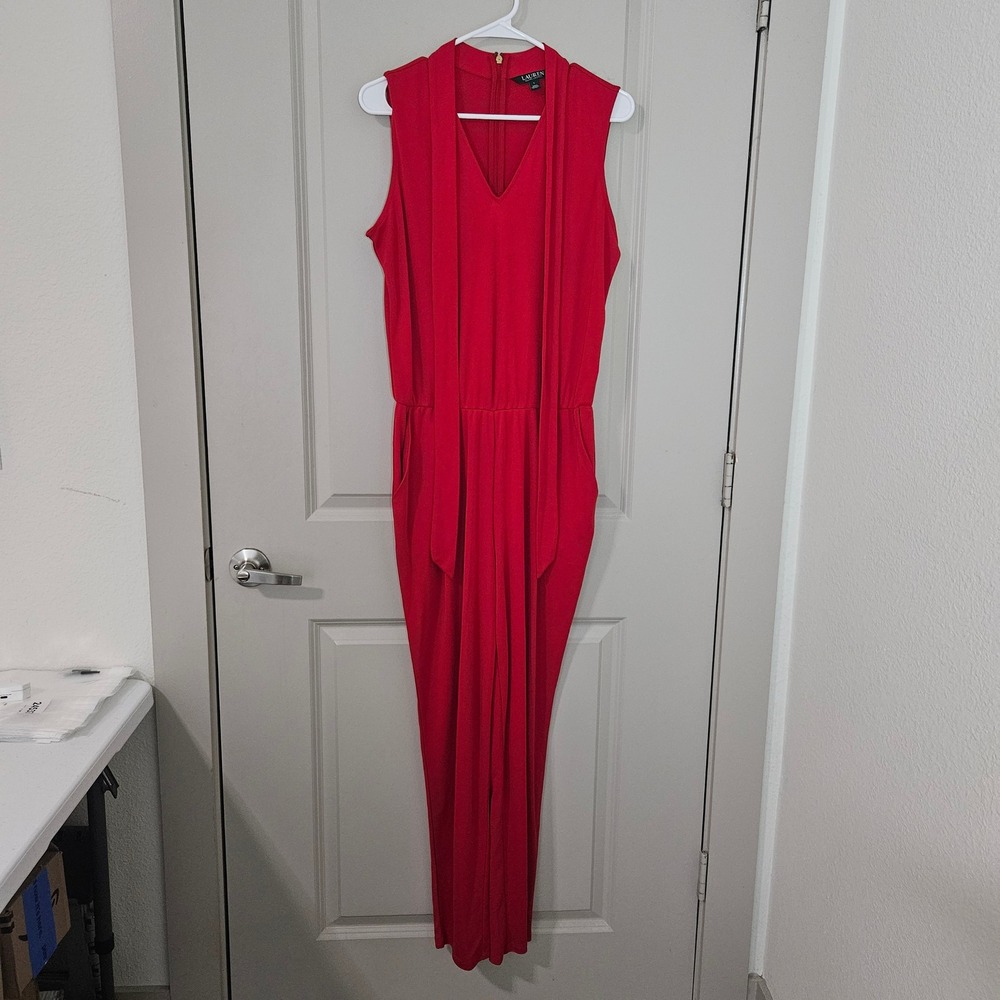 Lauren Ralph Lauren Red Tie Neck Sleeveless Jumpsuit Large Tapered Leg
